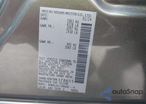 2024 Nissan Altima Sv Fwd from USA, damaged, VIN 1N4BL4DV3RN378655